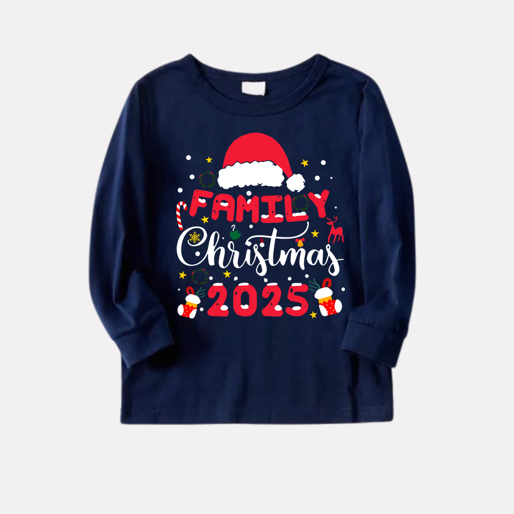 Cute "Family Christmas 2025" Pattern Printed Red and Blue Plaid Christmas Matching Pajamas