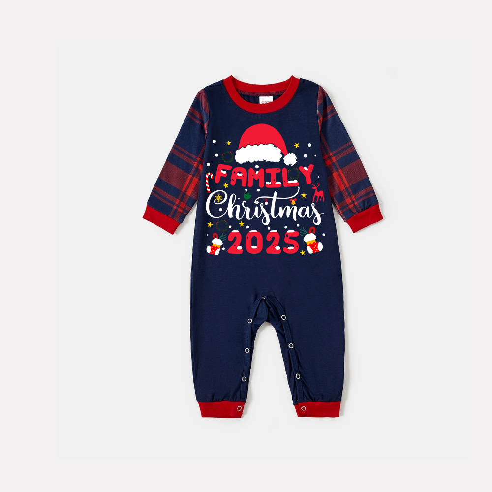 Cute "Family Christmas 2025" Pattern Printed Red and Blue Plaid Christmas Matching Pajamas
