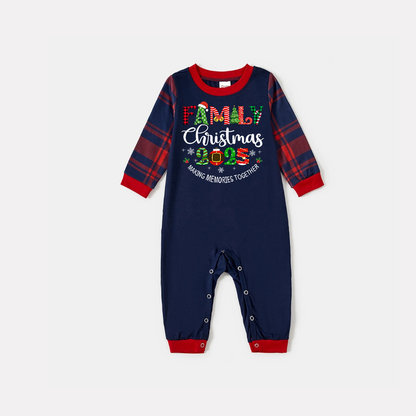 Cute "Family Christmas 2025" Text Prints Blue Long Sleeves Top with Red and Blue Plaid Pants Christmas Matching Pajamas