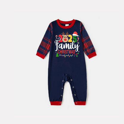 "Family Christmas 2025" Text and Deer Prints Blue Long Sleeves Top with Red and Blue Plaid Pants Christmas Matching Pajamas