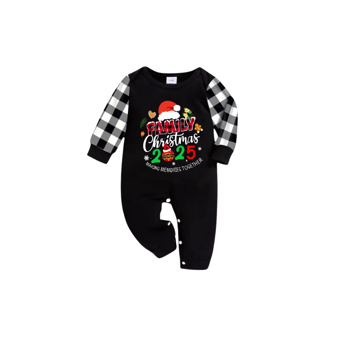 Making Memories Together Family Christmas 2025 Pajamas Set - Black Top Black and White Plaid Pants Santa Hat Graphic
