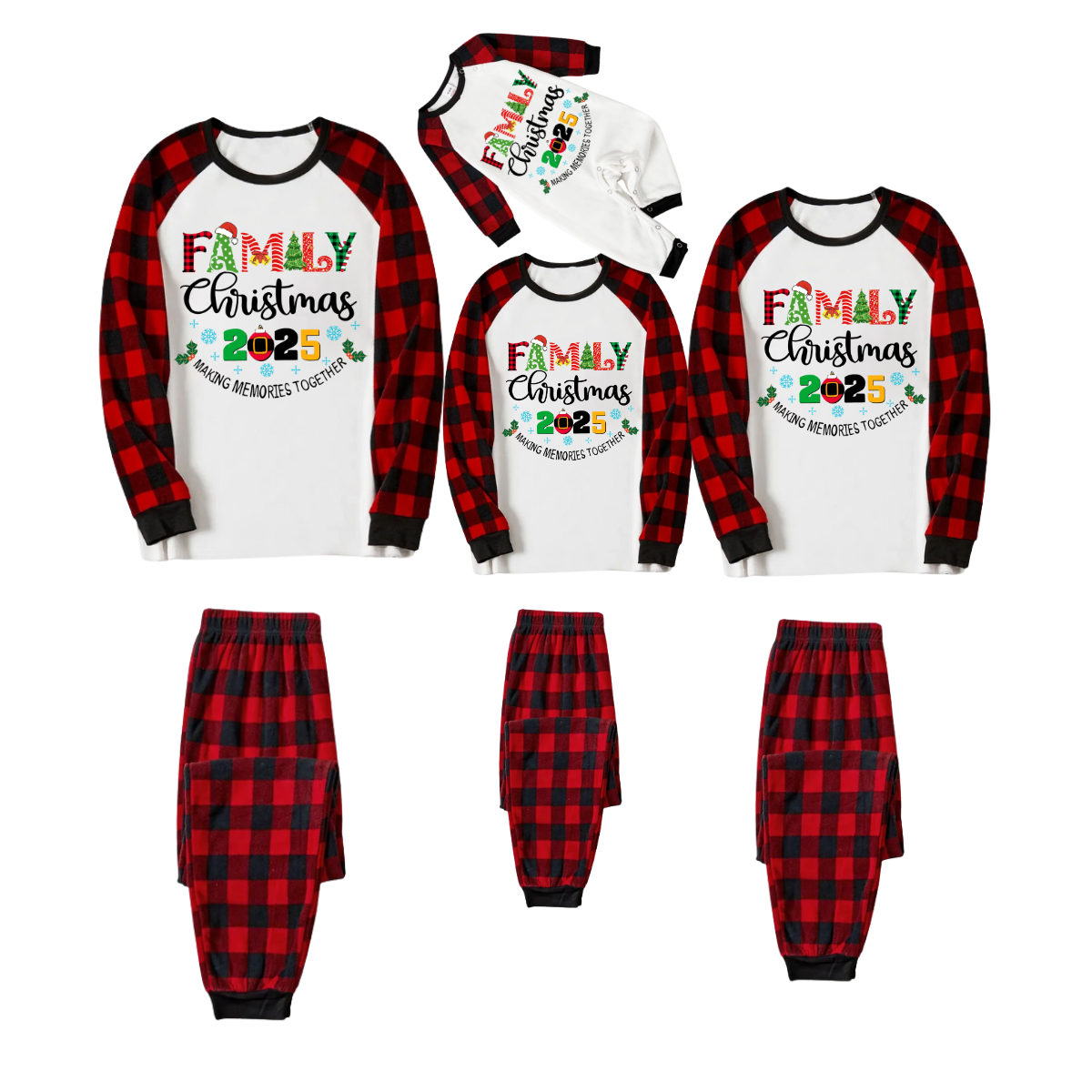 Christmas Gnomes Hanging with my Gnomies Family Pajamas Set - White Top, Red Plaid Pants, Red Plaid Sleeves, Gnome Print
