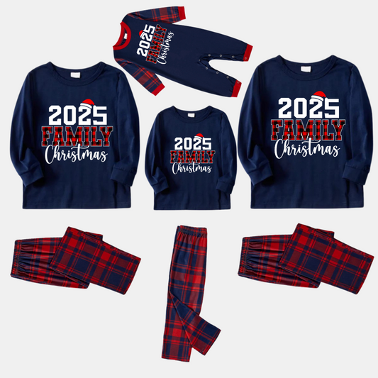 "2025 Christmas" Text and Santa Hat Prints Blue Long Sleeves Top with Red and Blue Plaid Pants Christmas Matching Pajamas