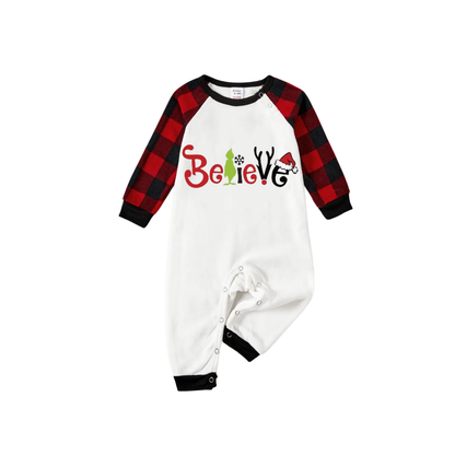 Christmas 2025 "Believe" Letter White Long Sleeve Top and Red & Black Plaid Pants Family Matching Pajamas