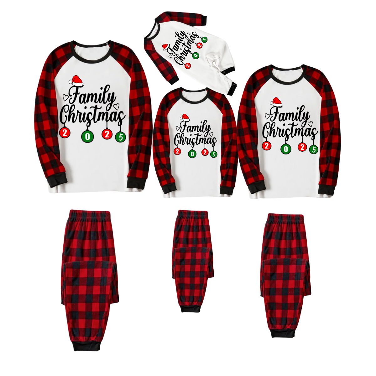 Christmas Family Matching Family Pajamas Set - White Top, Red Pants, Plaid