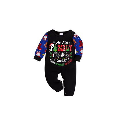 We Are Family Christmas 2025 Making Memories Family Pajamas Set - Black Top, Blue Pants, Blue Christmas Cartoon Sleeves