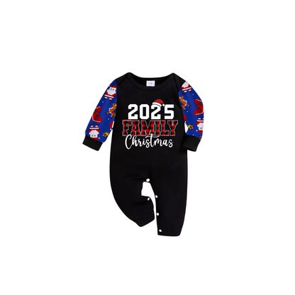 2025 Family Christmas Family Pajamas Set - Black Top, Blue Pants, Blue Christmas Cartoon Sleeves, Letter Print