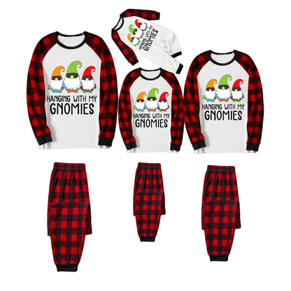 Hanging With My Gnomies Family Pajamas Set - White Top, Red Plaid Pants, Red Plaid Sleeves, Gnomes Print