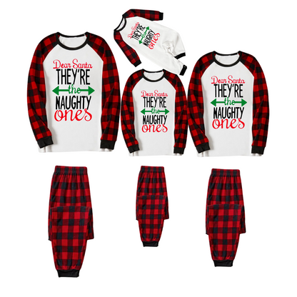 Dear Santa Naughty Ones Family Pajamas Set - White Top, Red Plaid Pants, Plaid Sleeves