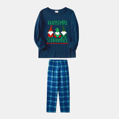 Navy & Sky Blue Plaid Christmas Pajamas Set With "Christmas With My Gnomies" Text Print