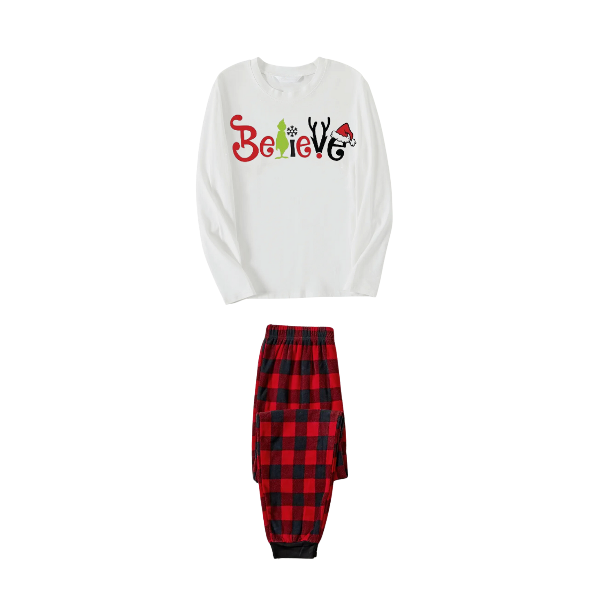 Christmas 2025 "Believe" Letter White Long Sleeve Top and Red & Black Plaid Pants Family Matching Pajamas