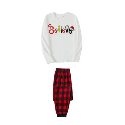 Christmas 2025 "Believe" Letter White Long Sleeve Top and Red & Black Plaid Pants Family Matching Pajamas