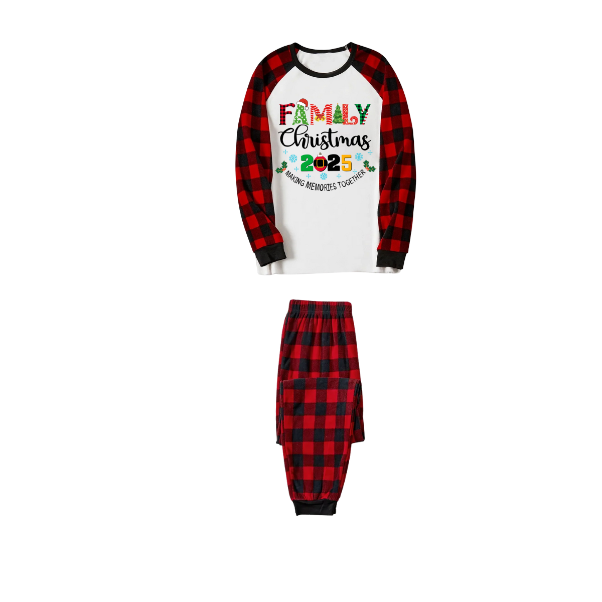 Christmas Gnomes Hanging with my Gnomies Family Pajamas Set - White Top, Red Plaid Pants, Red Plaid Sleeves, Gnome Print