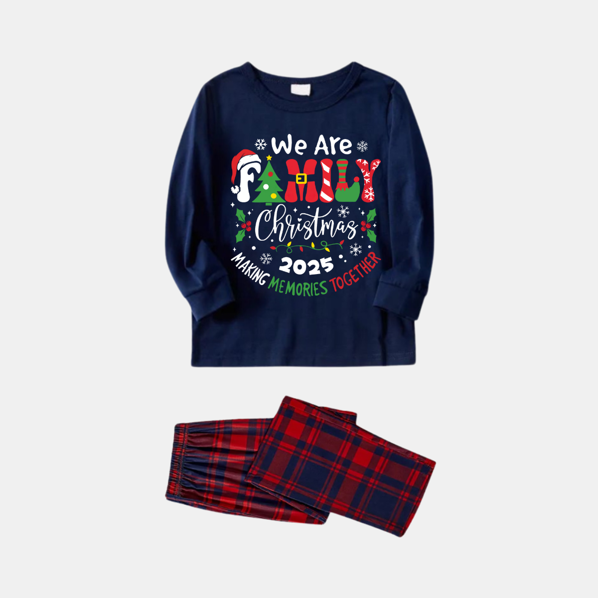 "We are Family" 2025 Christmas Wreath - Blue Long Sleeve Top with Blue & Red Plaid Family Matching Pajamas