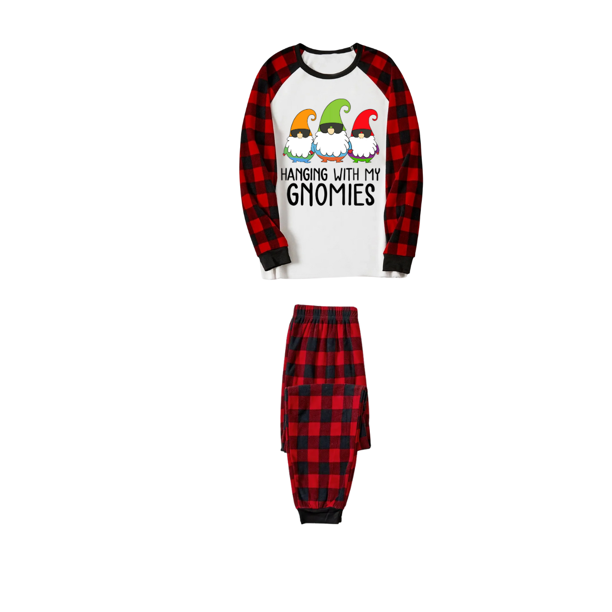 Hanging With My Gnomies Family Pajamas Set - White Top, Red Plaid Pants, Red Plaid Sleeves, Gnomes Print