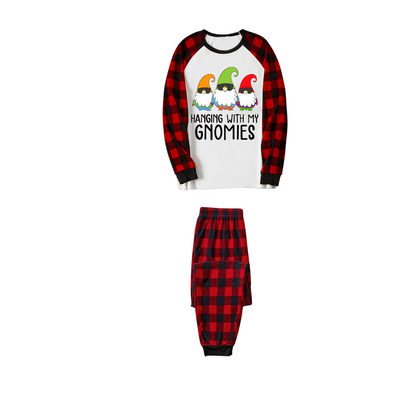 Hanging With My Gnomies Family Pajamas Set - White Top, Red Plaid Pants, Red Plaid Sleeves, Gnomes Print