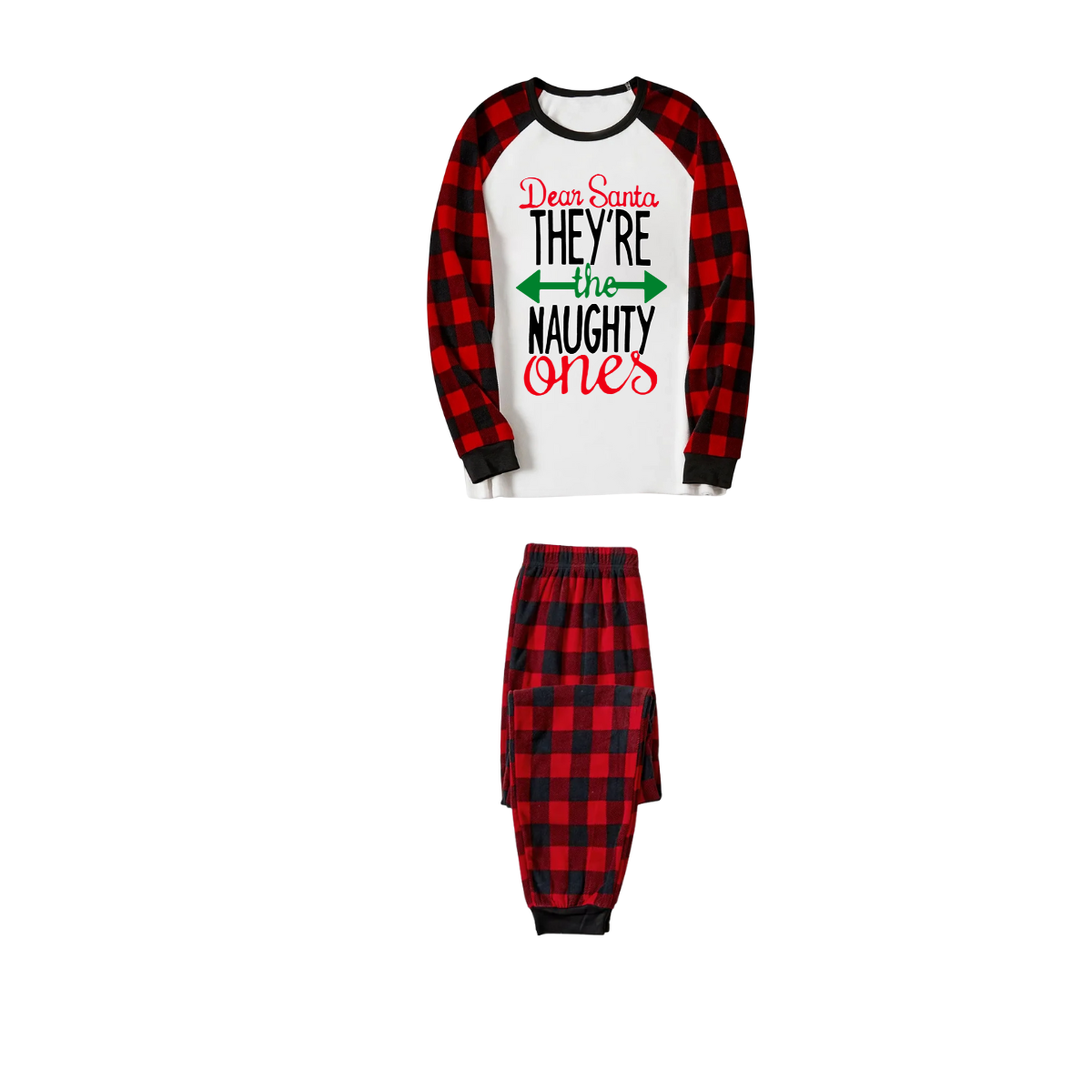 Dear Santa Naughty Ones Family Pajamas Set - White Top, Red Plaid Pants, Plaid Sleeves
