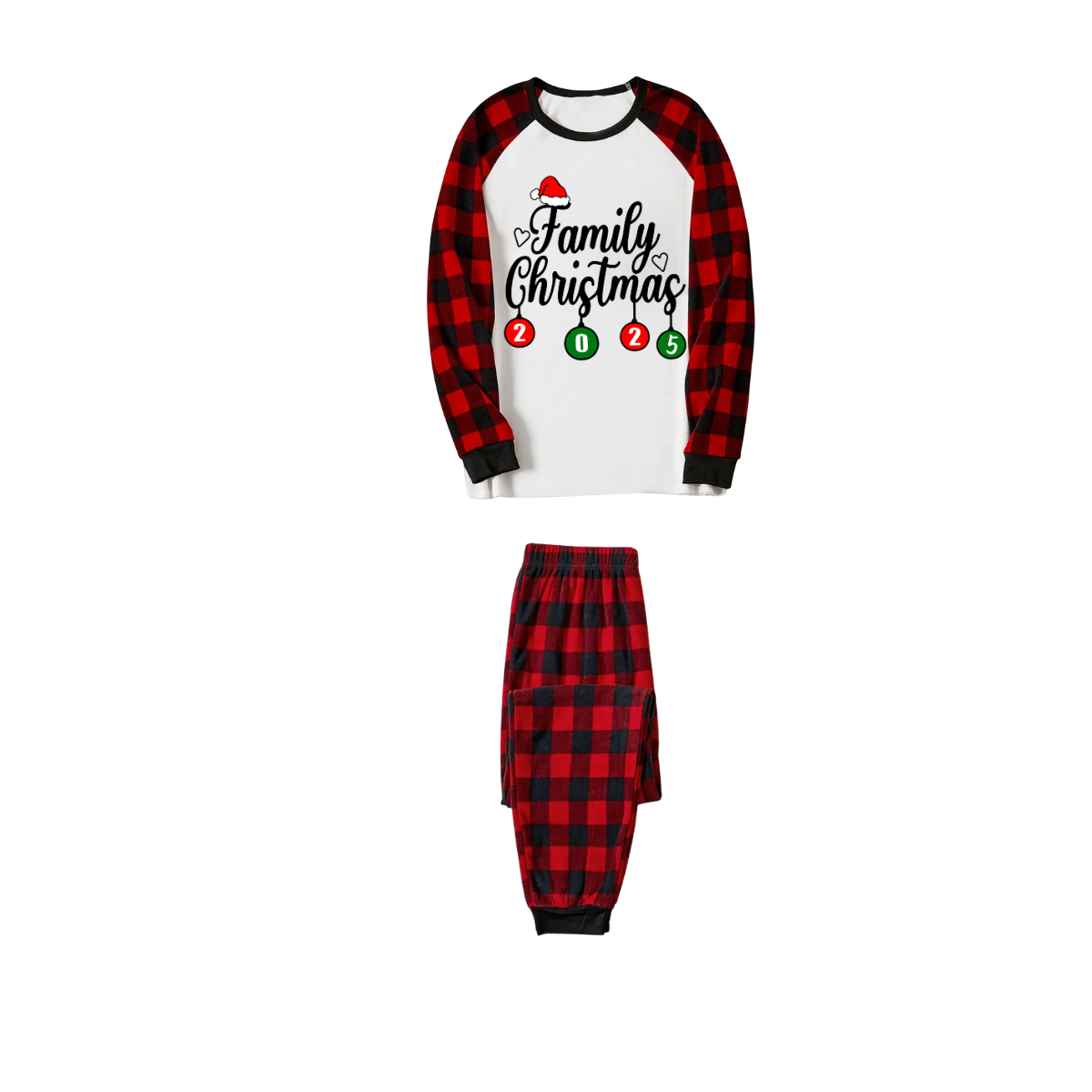 Christmas Family Matching Family Pajamas Set - White Top, Red Pants, Plaid
