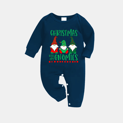 Navy & Sky Blue Plaid Christmas Pajamas Set With "Christmas With My Gnomies" Text Print