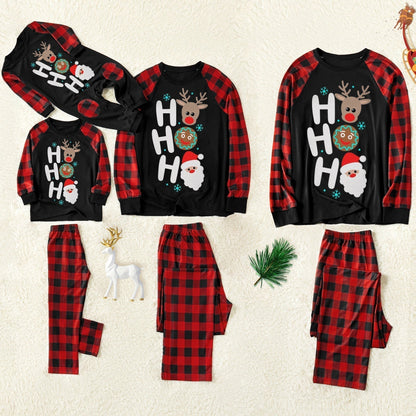Christmas ”Ho Ho Ho“ Letter Print Santa Claus & Gingerbread & Elk Patterned Contrast Black top and Black & Red Plaid Pants Family Matching Pajamas Set With Dog Bandana