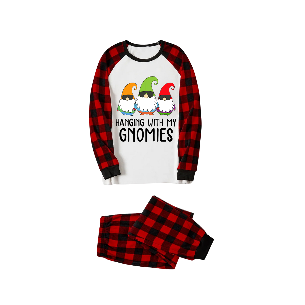 Hanging With My Gnomies Family Pajamas Set - White Top, Red Plaid Pants, Red Plaid Sleeves, Gnomes Print