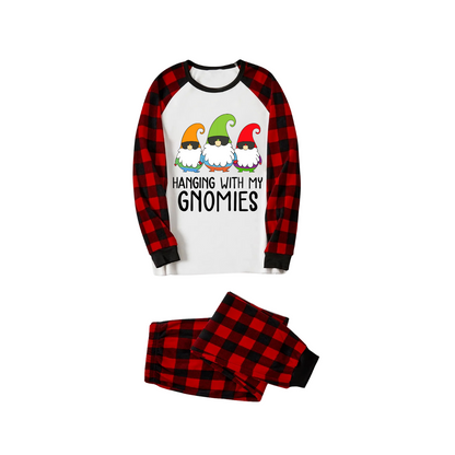 Hanging With My Gnomies Family Pajamas Set - White Top, Red Plaid Pants, Red Plaid Sleeves, Gnomes Print