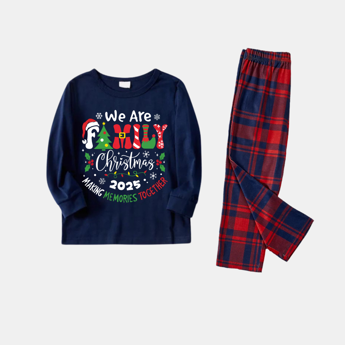 "We are Family" 2025 Christmas Wreath - Blue Long Sleeve Top with Blue & Red Plaid Family Matching Pajamas