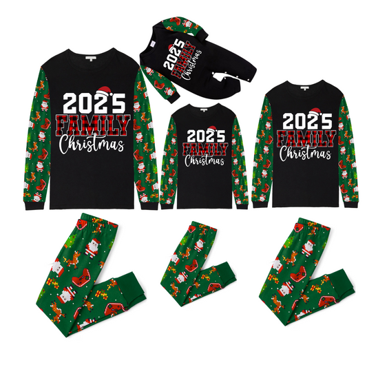 2025 Family Christmas Family Pajamas Set - Black Top, Green Pants, Green Christmas Cartoon Sleeves, Letter Print