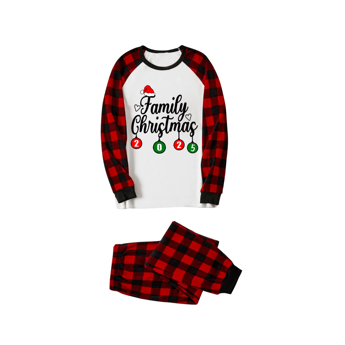 Christmas Family Matching Family Pajamas Set - White Top, Red Pants, Plaid