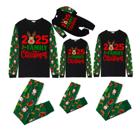 2025 Reindeer Family Christmas Family Pajamas Set - Black Top / Green Santa Print Pants / Green Santa Print Sleeves
