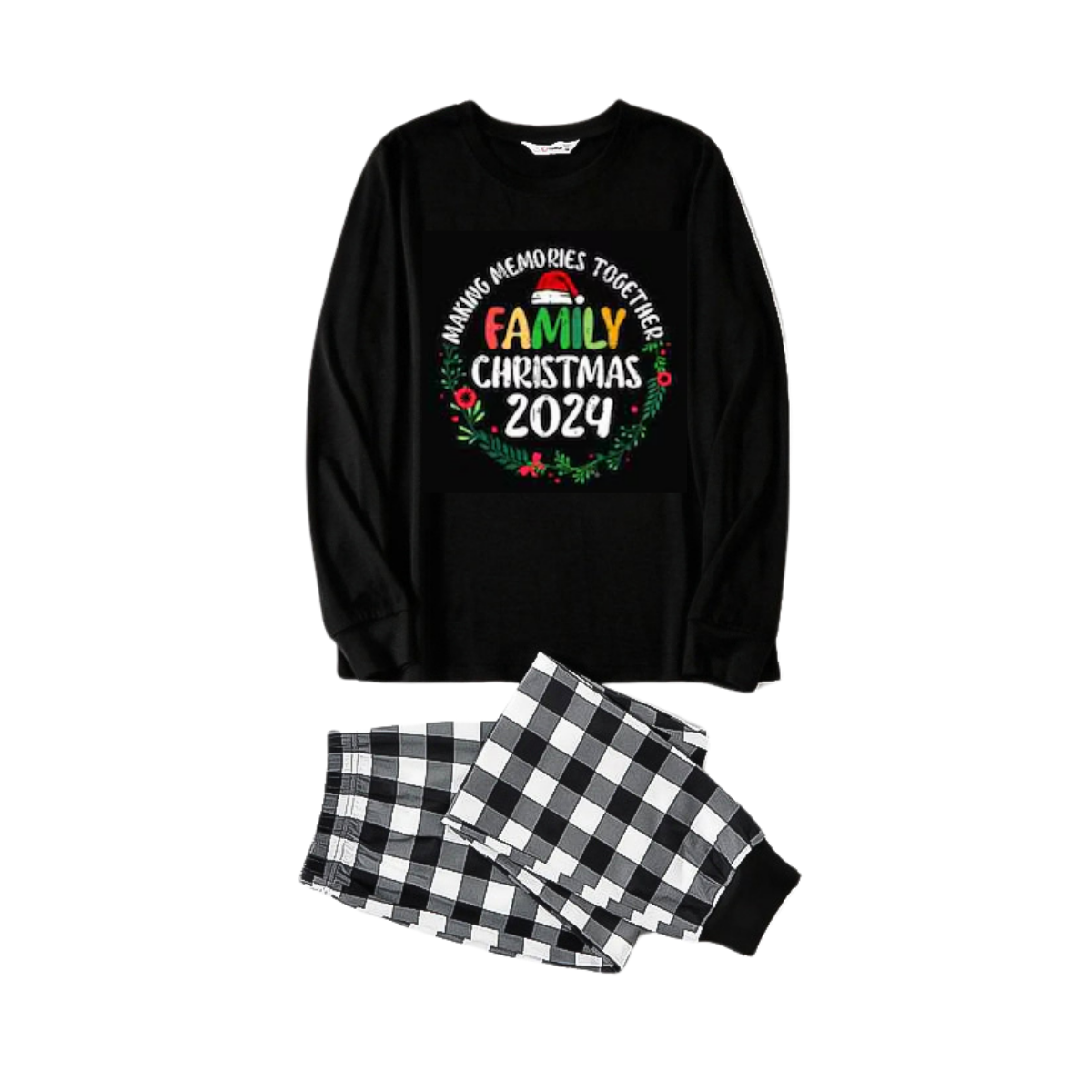"Family Christmas 2024 Making Memories Together" Text Print Black and White Plaid Family Matching Pajamas