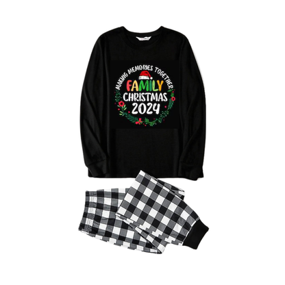 "Family Christmas 2024 Making Memories Together" Text Print Black and White Plaid Family Matching Pajamas