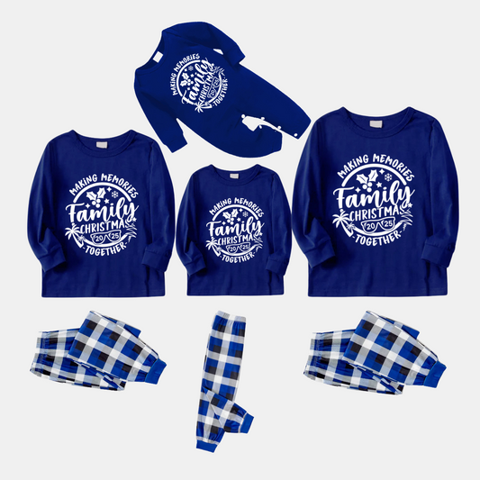 "2025 Family Christmas Making Memories Together" Printed Blue and White Plaid Family Matching Pajamas