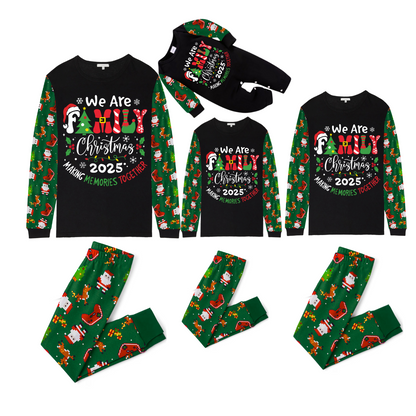 We Are Family Christmas 2025 Making Memories Family Pajamas Set - Black Top, Green Pants, Green Christmas Cartoon Sleeves