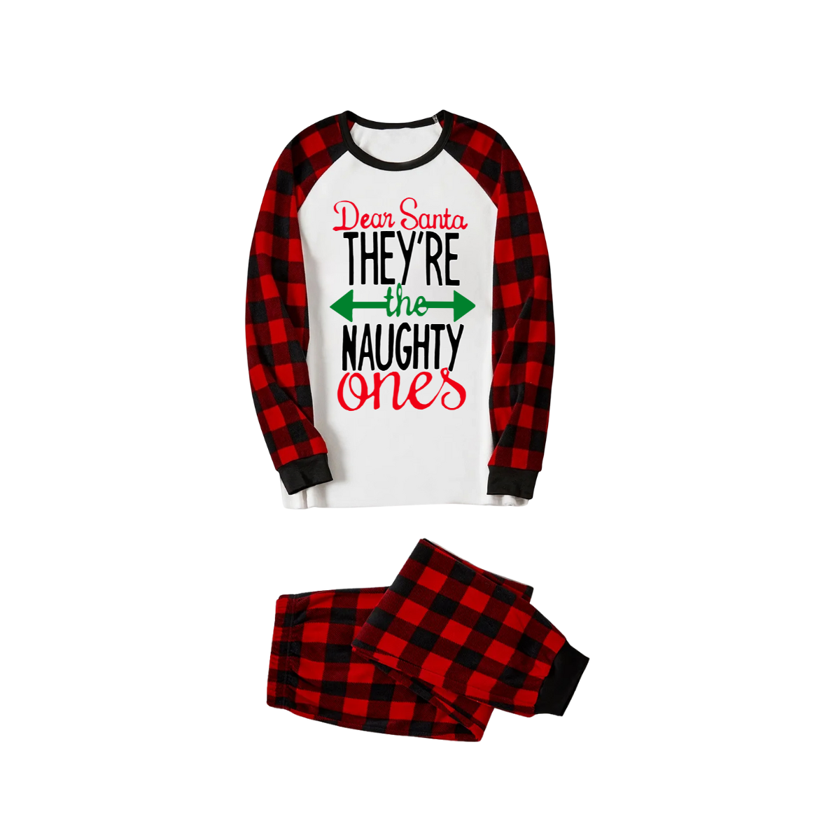 Dear Santa Naughty Ones Family Pajamas Set - White Top, Red Plaid Pants, Plaid Sleeves