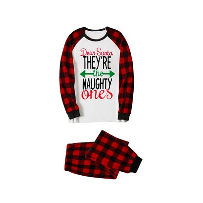 Dear Santa Naughty Ones Family Pajamas Set - White Top, Red Plaid Pants, Plaid Sleeves