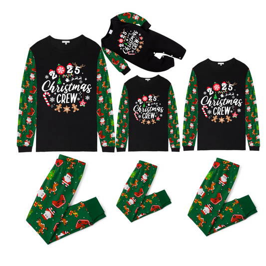 Christmas Crew 2025 Family Pajamas Set - Black Top, Green Pants, Green Christmas Cartoon Sleeves, Gingerbread Candy Print