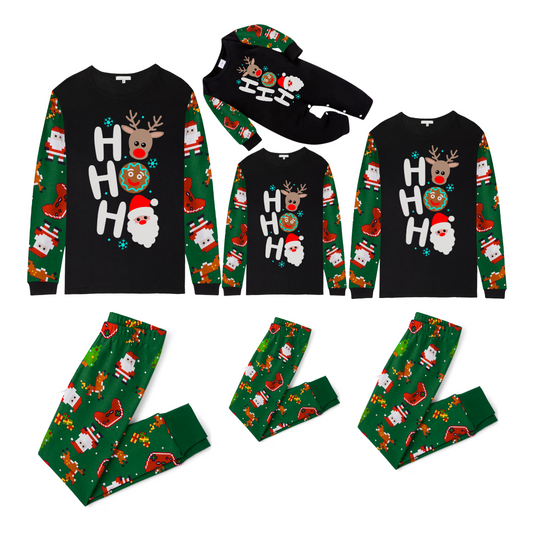 HO HO HO Christmas Pajama Set with Santa, Reindeer, and Gingerbread in Green