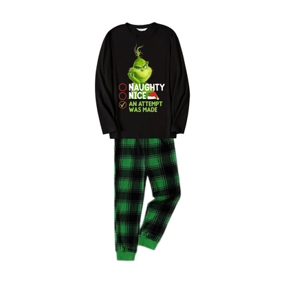 Cute Cartoon Pattern and Slogan Text Printed Black and Green Plaid Christmas Matching Pajamas
