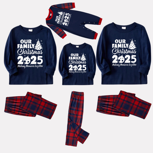 'Our Family Chirstmas 2025 Making Memories Together' Letter Print Blue Long Sleeves Top with Red and Blue Plaid Pants Christmas Matching Pajamas
