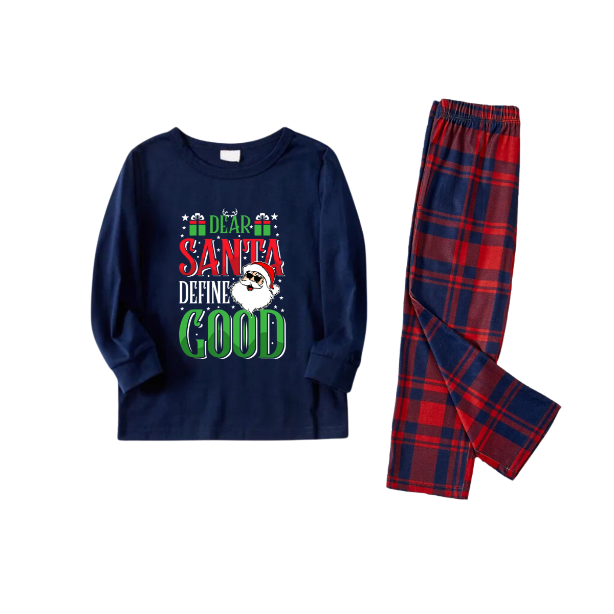"Dear Santa Define Good" Slogan Printed Red and Blue Plaid Christmas Matching Pajamas