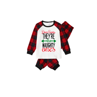 Dear Santa Naughty Ones Family Pajamas Set - White Top, Red Plaid Pants, Plaid Sleeves