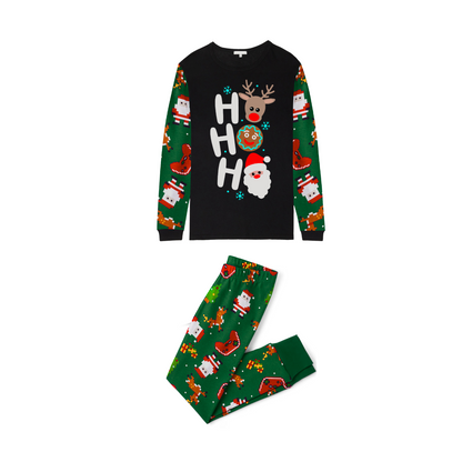 HO HO HO Christmas Pajama Set with Santa, Reindeer, and Gingerbread in Green
