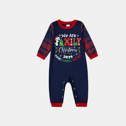 "We are Family" 2025 Christmas Wreath - Blue Long Sleeve Top with Blue & Red Plaid Family Matching Pajamas