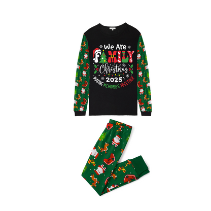 We Are Family Christmas 2025 Making Memories Family Pajamas Set - Black Top, Green Pants, Green Christmas Cartoon Sleeves