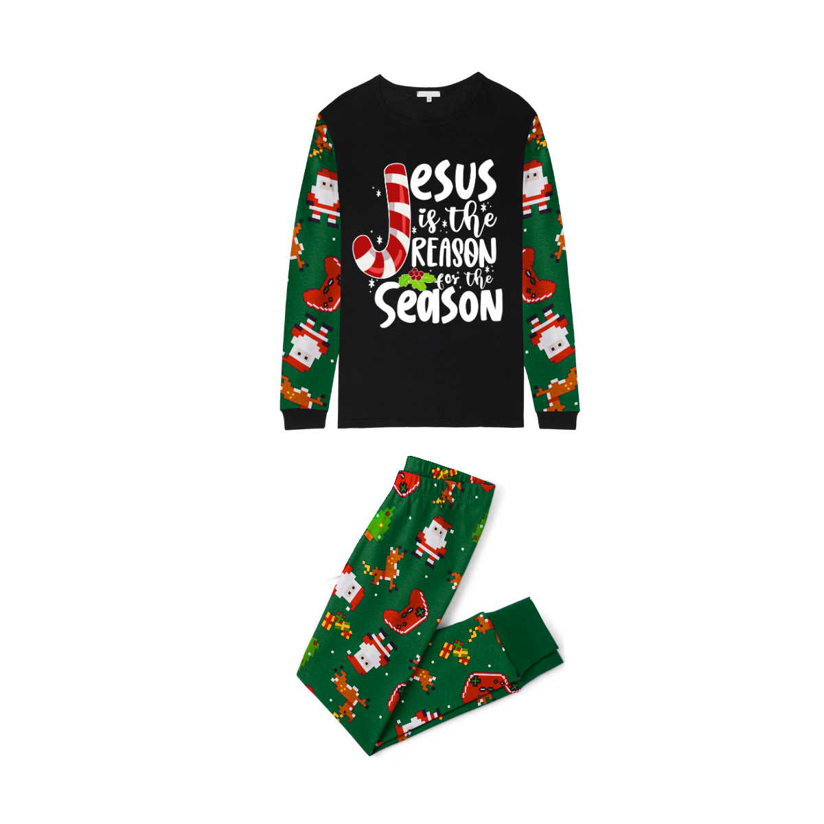 Santa's Christmas Cheer Pajama Set with Gingerbread and Candy Cane Design