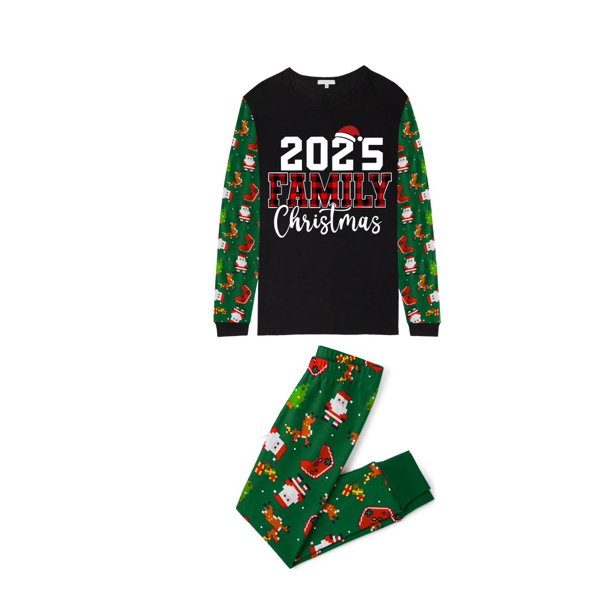 2025 Family Christmas Family Pajamas Set - Black Top, Green Pants, Green Christmas Cartoon Sleeves, Letter Print