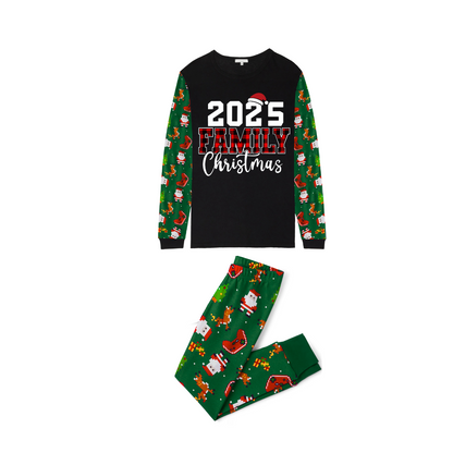 2025 Family Christmas Family Pajamas Set - Black Top, Green Pants, Green Christmas Cartoon Sleeves, Letter Print