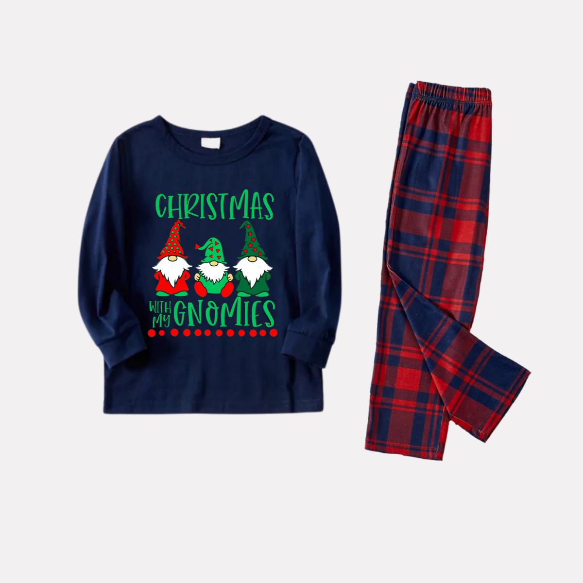 Navy & Red Plaid Christmas Pajamas Set With "Christmas With My Gnomies" Text Print
