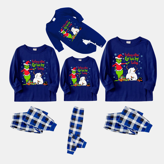 Navy & White Plaid Christmas Pajamas Set With Grinch and Snowman Print